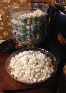 stacked trays containing spinning caterpillars, and a tray of completed cocoons 